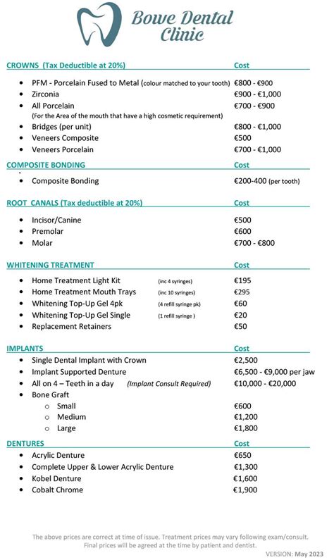 Pricelist – Bowe Dental and Implant Clinic, Limerick