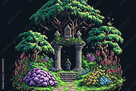 Pixel art fantasy garden in magic forest, mystical garden, background ...