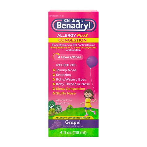 Children's Benadryl Allergy Plus Congestion Liquid, Grape, 4 fl. oz ...