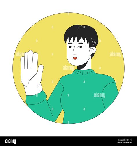 Pixie cut korean woman waving hand 2D line vector avatar illustration ...