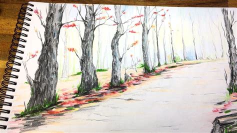 Autumn Landscape Drawing in Colored Pencil | Landscape drawings, Cool art drawings, Autumn landscape