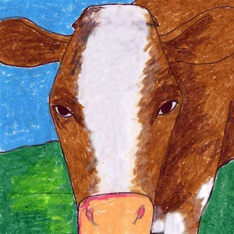 a drawing of a brown and white cow with a pink nose in a green field