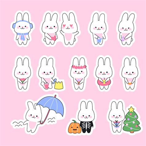 Set of 12 stickers cute kawaii rabbits. Funny bunny character in varios poses. Concept holidays ...