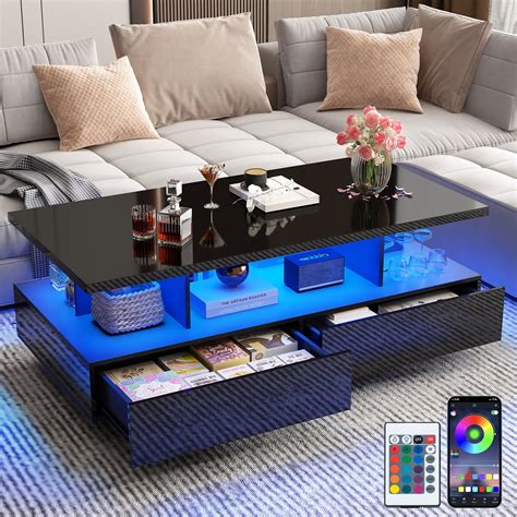 Modern LED Coffee Table with Storage, 43" Large White Coffee Tables for Living Room, Center ...