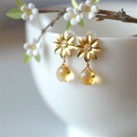 November birthstone Citrine earrings Yellow gold by joojooland