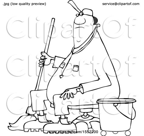 Clipart of a Cartoon Lineart Black Male Custodian Janitor Taking a Break and Sitting in a Chair ...