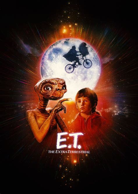 the movie poster for e t with two aliens and a man on a bicycle in front of a full moon