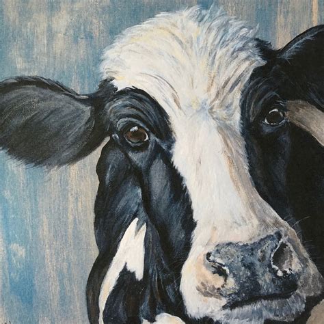 Holstein Friesian Cow art print portrait on blue background | Etsy