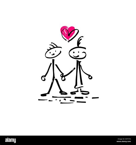 Stick figure humaine doodle sketch couple dans l'amour avec un coeur ...