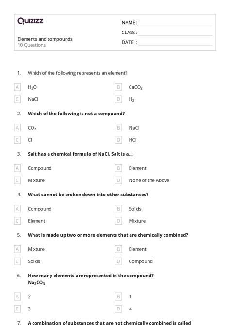 50+ elements and compounds worksheets for 9th Class on Quizizz | Free ...