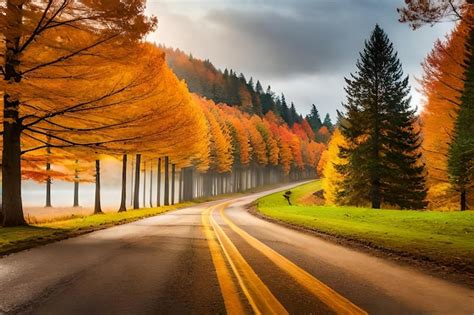 Premium AI Image | A road with a yellow tree on the left side.