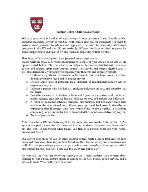 Sample College Admissions Essays We have prepared this handout of ...