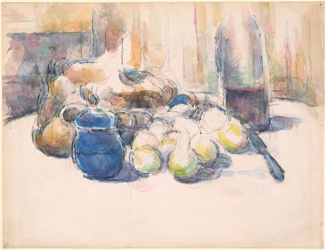 Paul Cézanne | Still Life with Pears and Apples, Covered Blue Jar, and a Bottle of Wine. Verso ...