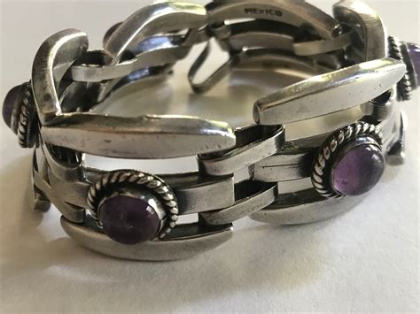 GORGEOUS Sterling Silver 925 Ornate Amethyst Cabochon Detail Heavy Panel Link Cuff Bangle ...