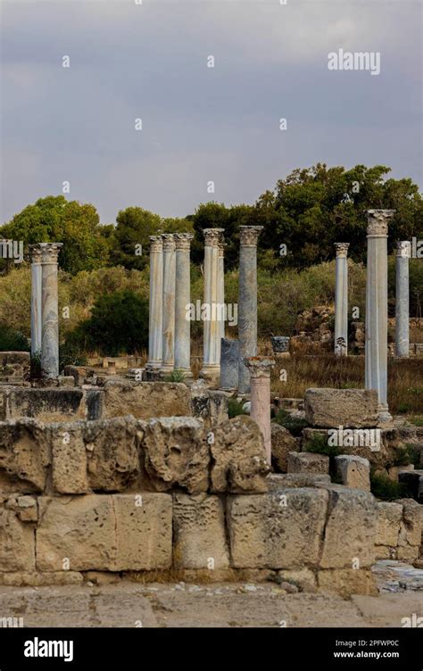 June 7, 2022, Famagusta, Cyprus: Columns of the gymnasium at Salamis with several Roman baths ...