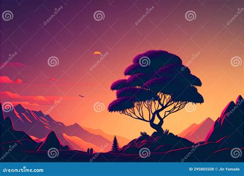 Silhouette of a Tree in the Mountains at Sunset. Vector Illustration Stock Illustration ...