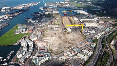 Aerial view of Harland and Wolff and Shipyard Dockyard where RMS Titanic was built at Titanic ...