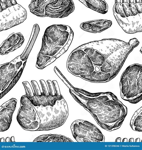 Modelo Inconsútil De La Carne Cruda Gráfico Del Vector Filete De Carne ...