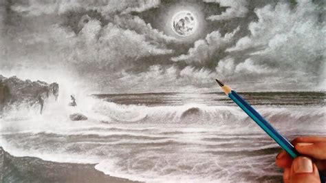 Pencil drawing moon light beach landscape easy // Step by step scenery drawing easy // - YouTube ...