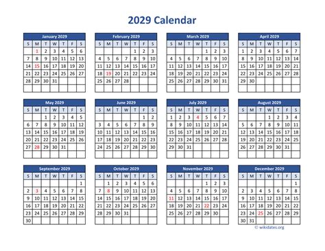 2029 Calendar in PDF | WikiDates.org