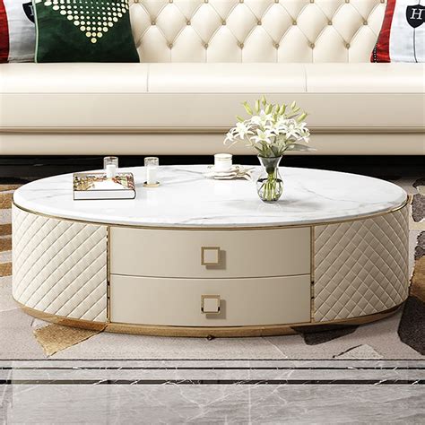 White Oval Marble Top Coffee Table with 2 Drawers