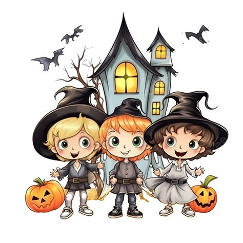 Little Kids With Halloween Costumes Characters And Haunted House, Kindergarten Cartoon ...