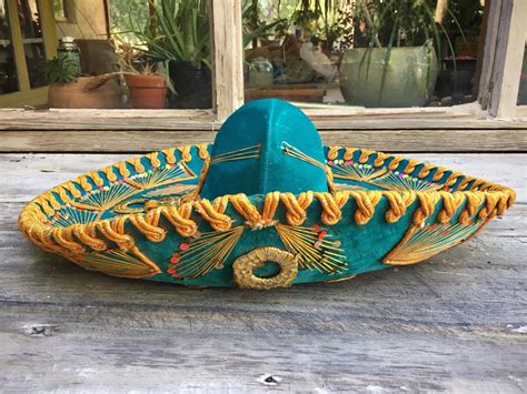 Authentic Large Mariachi Sombrero Hat Teal Blue Velvet with Golden Yellow Trim Mexican Decor