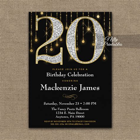 20th Birthday Invitations Black Gold Diamonds Adult - Nifty Printables