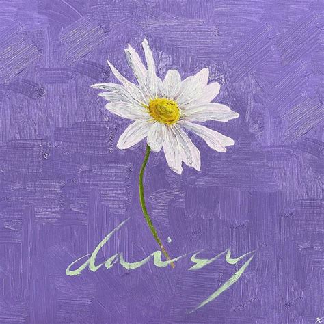 a painting of a white daisy with the word daisy written in cursive writing