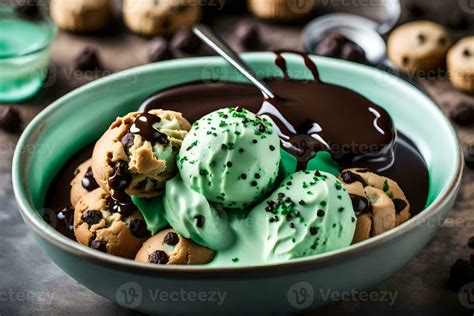 chocolate chip cookie dough ice cream with mint chocolate chip cookie dough ice cream in a bowl ...