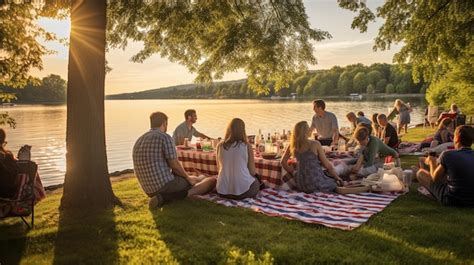 Premium AI Image | A picnic by the lake is a popular spot for families.