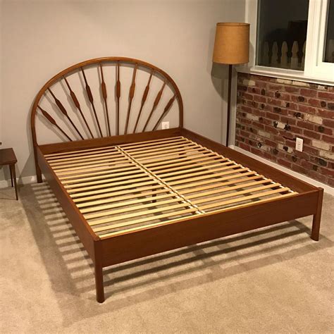 Danish Modern Teak Spindle Queen Bed Frame w/ Peacock Headboard ...