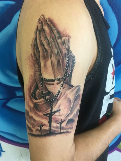 Praying hands with rosary by Adam Lerma "Sinner" at Art & Ink Tattoo ...