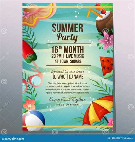 Summer Party Holiday Poster Template Beach Sand Umbrella Object Stock Vector - Illustration of ...