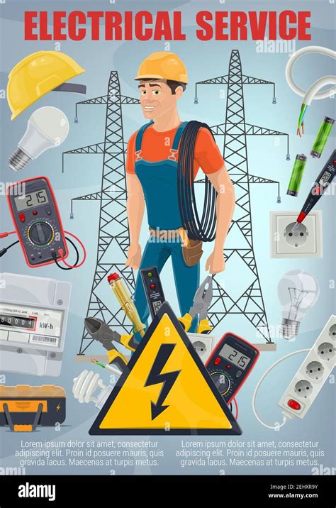 Electrical service and electricity repair work poster with electrician ...