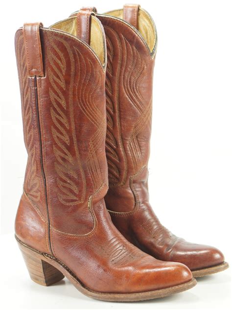 Women's Vintage Brown Leather Western Cowboy Boho Boots High Heel 7.5 M | oldrebelboots