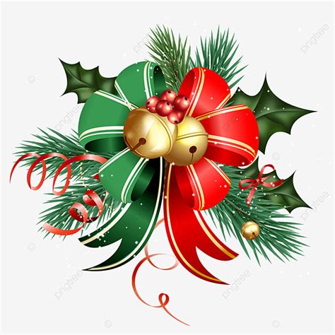 Round Bell PNG Picture, Holly And Red Green Ribbon Decorated Round Golden Christmas Bell ...