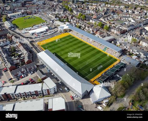 View from the air of Rodney Parade Stadium at Newport in Wales, home of Newport County AFC and ...