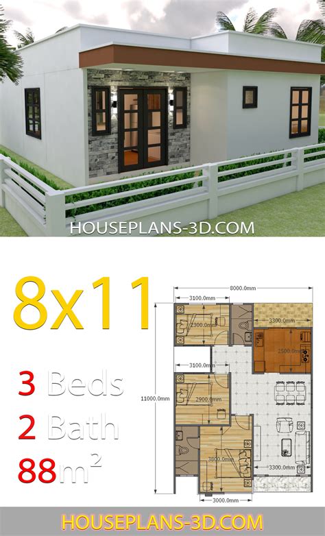 House Design 8x11 with 3 Bedrooms Full Plans - House Plans 3D