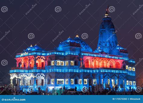 Wide Angle Shot of Lights on the Prem Mandir Temple in India at Night ...