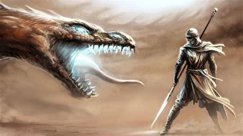 Warrior wielding spear facing dragon digital wallpaper, dragon, warrior, fantasy art HD ...