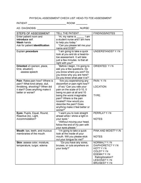 Physical Assessment Check LIST - PHYSICAL ASSESSMENT CHECK LIST: HEAD-TO-TOE ASSESSMENT PATIENT ...