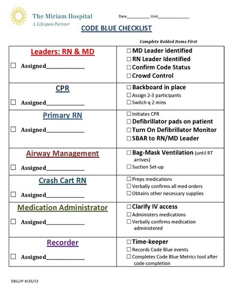 Printable Mock Code Blue Competency Checklist