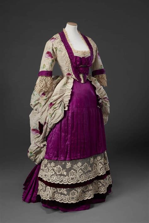 Early 1870s day dress in silk trimmed with velvet and lace from The ...