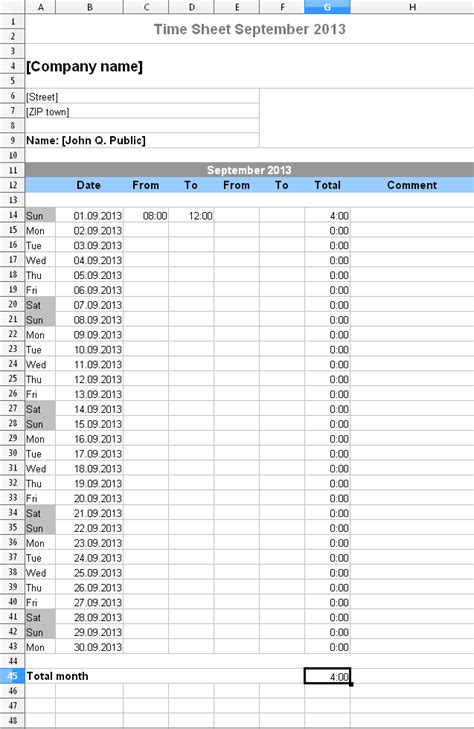 Download Excel timesheet template for the current month