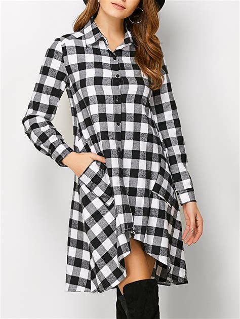 Plaid High Low Flannel Polo Shirt Dress - WHITE S | Women long sleeve dress, Long sleeve dress ...