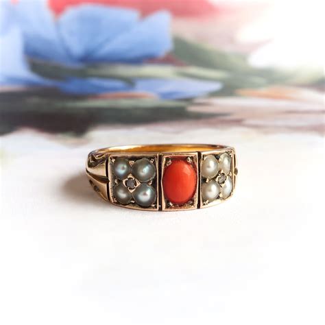 Antique Victorian Coral, Pearl & Diamond Ring Solid 15k Yellow Gold ...