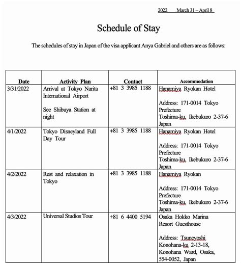 Japan Visa Schedule of Stay Sample (Daily Schedule Form)