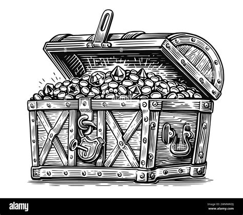 Treasure chest. Wealth of gold coins and precious stones. Hand drawn vntage sketch illustration ...
