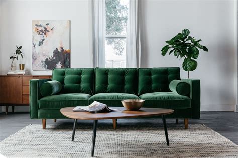 Tufted Green Velvet Sofa | Danell by Jovili. Style/Type - Mid-century modern sofa / tufted so ...